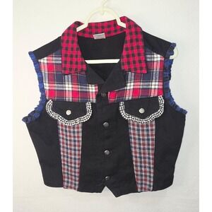 Y2K Watch LA Plaid Mixed Media Denim Vest Black Red Ruffle Trim Large USA